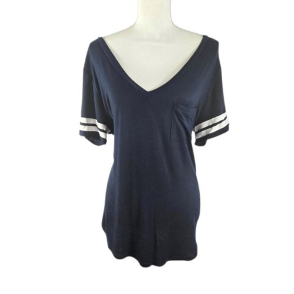 Sheila Rose Navy Striped Sleeve Tee Asymmetrical Hem Pocket Top